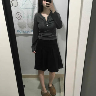 Center Shirred Button V-Neck Voluminous Long Sleeve Tee