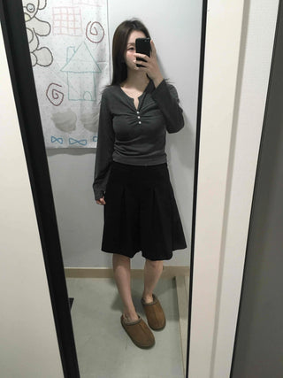 Center Shirred Button V-Neck Voluminous Long Sleeve Tee