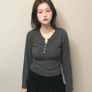 Center Shirred Button V-Neck Voluminous Long Sleeve Tee