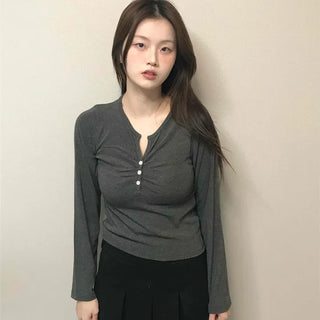 Center Shirred Button V-Neck Voluminous Long Sleeve Tee