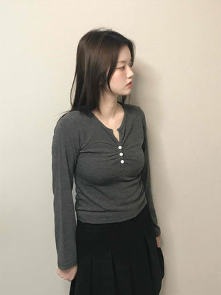 Center Shirred Button V-Neck Voluminous Long Sleeve Tee