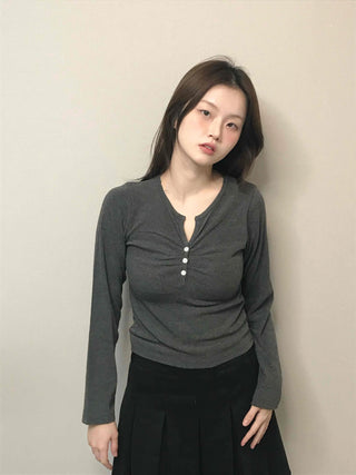 Center Shirred Button V-Neck Voluminous Long Sleeve Tee