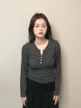 Center Shirred Button V-Neck Voluminous Long Sleeve Tee