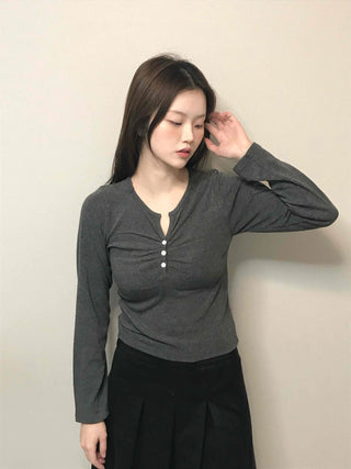 Center Shirred Button V-Neck Voluminous Long Sleeve Tee