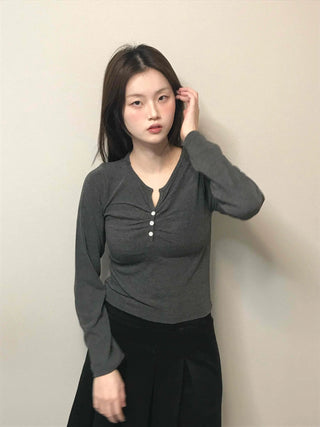 Center Shirred Button V-Neck Voluminous Long Sleeve Tee