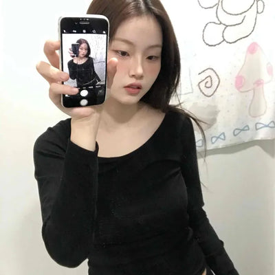 Front Button Shirred Peach Tight Fit Long Sleeve T-Shirt