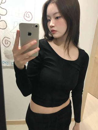 Front Button Shirred Peach Tight Fit Long Sleeve T-Shirt