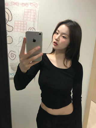 Front Button Shirred Peach Tight Fit Long Sleeve T-Shirt