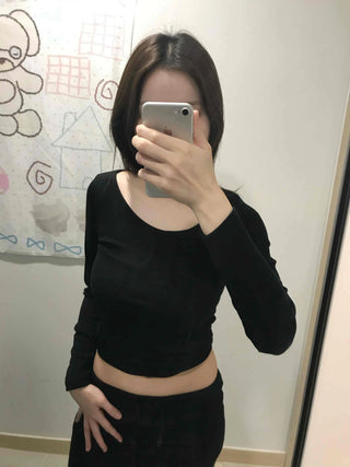 Front Button Shirred Peach Tight Fit Long Sleeve T-Shirt