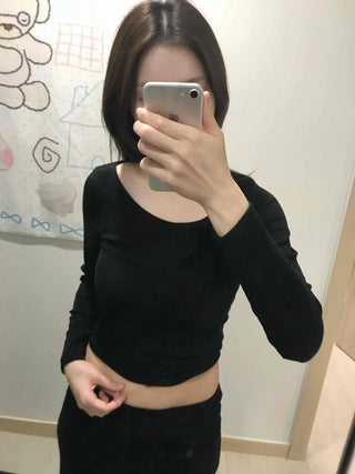 Front Button Shirred Peach Tight Fit Long Sleeve T-Shirt