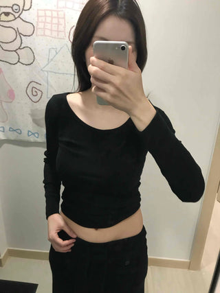 Front Button Shirred Peach Tight Fit Long Sleeve T-Shirt