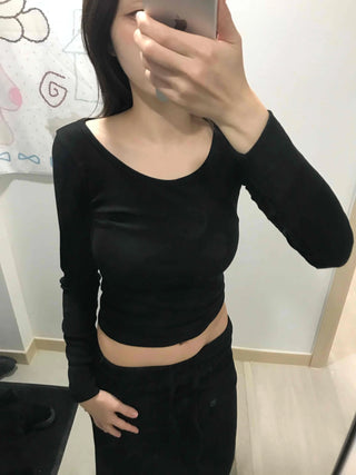 Front Button Shirred Peach Tight Fit Long Sleeve T-Shirt
