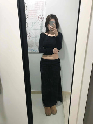 Front Button Shirred Peach Tight Fit Long Sleeve T-Shirt