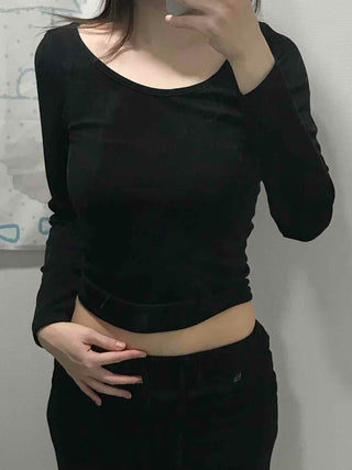 Front Button Shirred Peach Tight Fit Long Sleeve T-Shirt