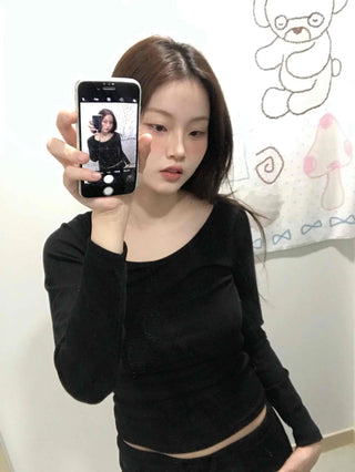 Front Button Shirred Peach Tight Fit Long Sleeve T-Shirt