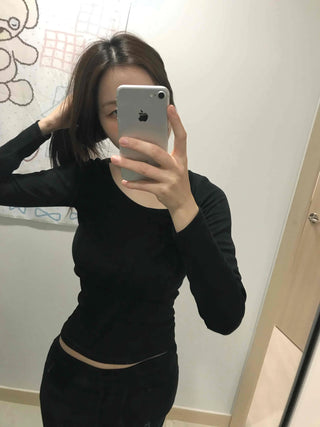 Front Button Shirred Peach Tight Fit Long Sleeve T-Shirt