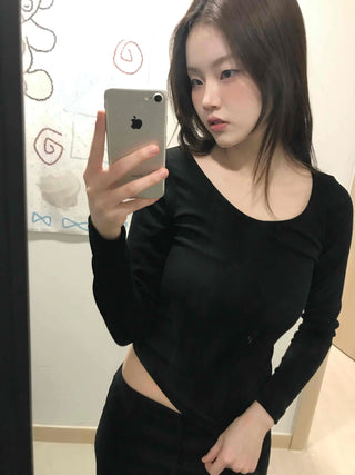 Front Button Shirred Peach Tight Fit Long Sleeve T-Shirt