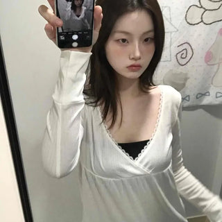 Deep plunge layered wrap-style long-sleeve t-shirt