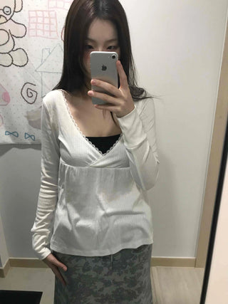 Deep plunge layered wrap-style long-sleeve t-shirt