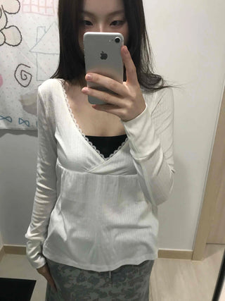 Deep plunge layered wrap-style long-sleeve t-shirt