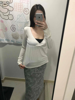 Deep plunge layered wrap-style long-sleeve t-shirt