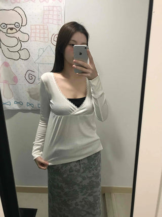 Deep plunge layered wrap-style long-sleeve t-shirt