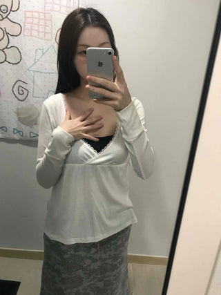 Deep plunge layered wrap-style long-sleeve t-shirt