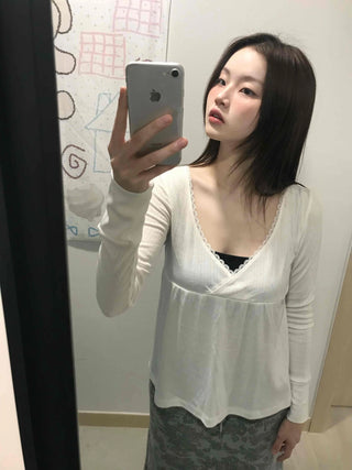Deep plunge layered wrap-style long-sleeve t-shirt