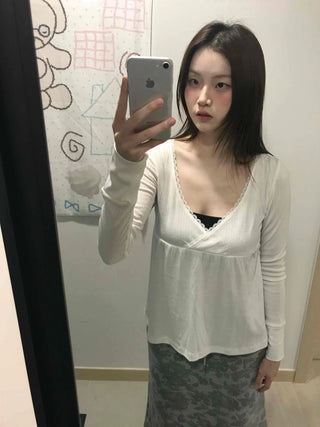 Deep plunge layered wrap-style long-sleeve t-shirt