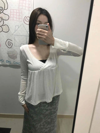 Deep plunge layered wrap-style long-sleeve t-shirt