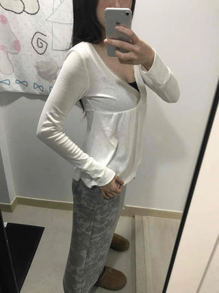 Deep plunge layered wrap-style long-sleeve t-shirt