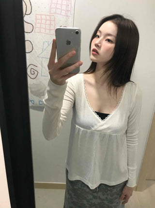 Deep plunge layered wrap-style long-sleeve t-shirt