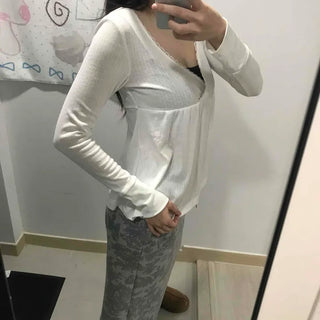 Deep plunge layered wrap-style long-sleeve t-shirt