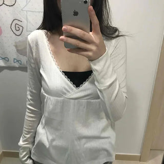 Deep plunge layered wrap-style long-sleeve t-shirt