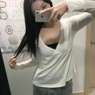 Deep plunge layered wrap-style long-sleeve t-shirt