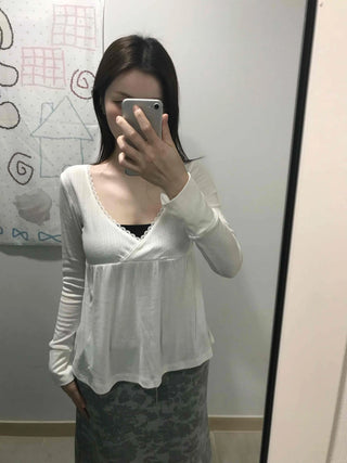 Deep plunge layered wrap-style long-sleeve t-shirt