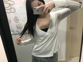 Deep plunge layered wrap-style long-sleeve t-shirt