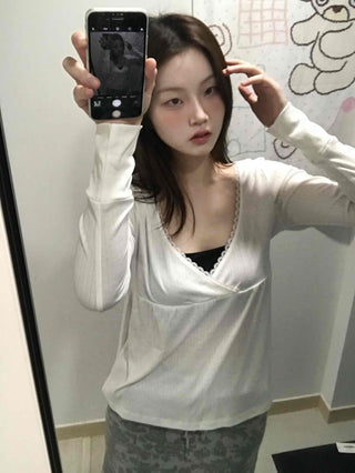 Deep plunge layered wrap-style long-sleeve t-shirt