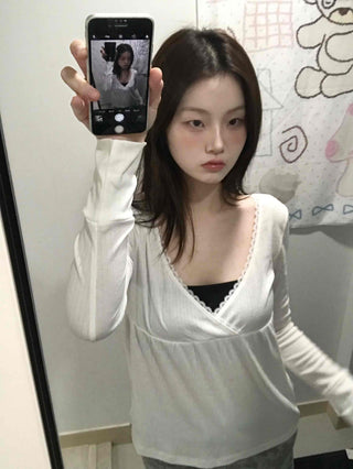 Deep plunge layered wrap-style long-sleeve t-shirt