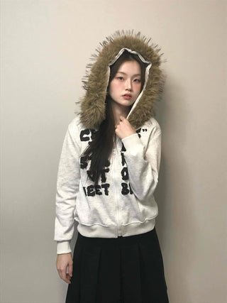 Real Fur Hooded Quilted Padded Zip-Up