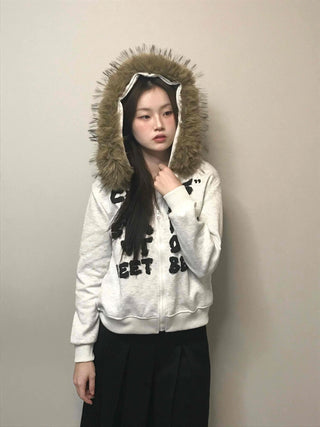Real Fur Hooded Quilted Padded Zip-Up