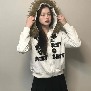 Real Fur Hooded Quilted Padded Zip-Up