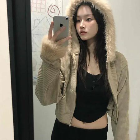 Striped Fur Contrast Loose Fit Zip-Up Hoodie