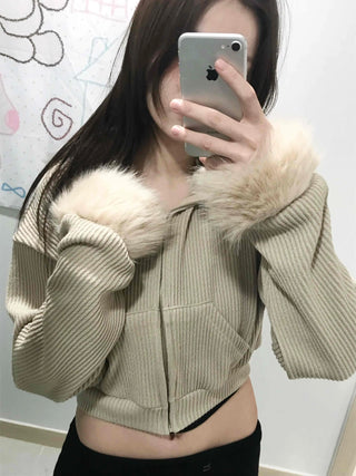Striped Fur Contrast Loose Fit Zip-Up Hoodie