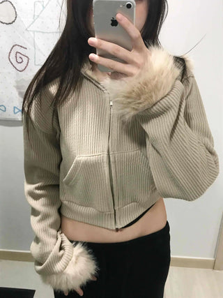Striped Fur Contrast Loose Fit Zip-Up Hoodie