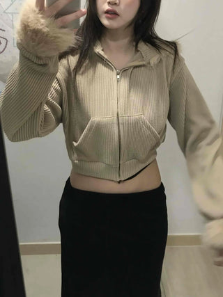 Striped Fur Contrast Loose Fit Zip-Up Hoodie