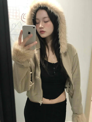 Striped Fur Contrast Loose Fit Zip-Up Hoodie