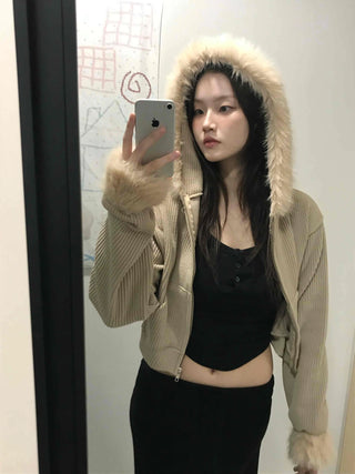 Striped Fur Contrast Loose Fit Zip-Up Hoodie