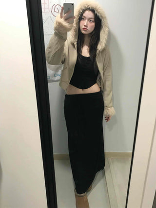 Striped Fur Contrast Loose Fit Zip-Up Hoodie