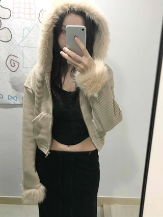 Striped Fur Contrast Loose Fit Zip-Up Hoodie